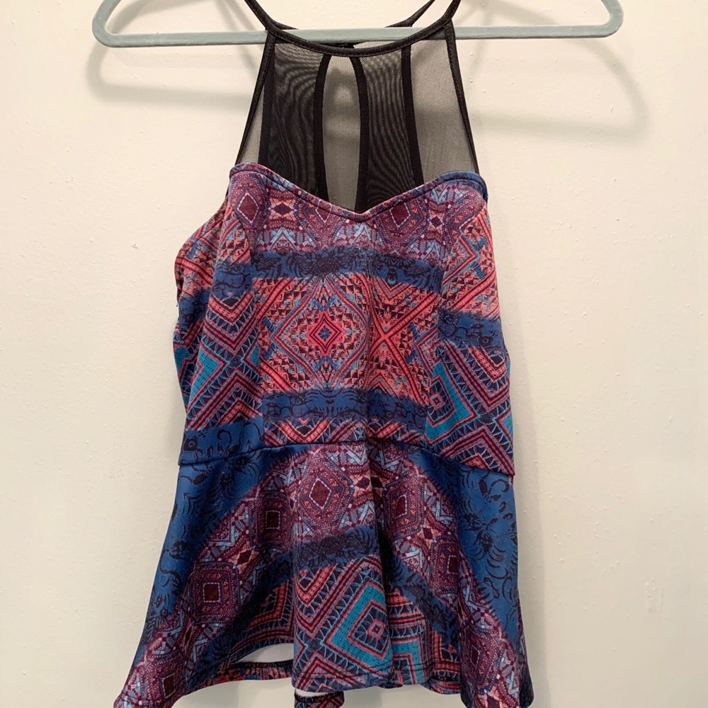 Geometric Peplum Flare Top with Mesh Neckline